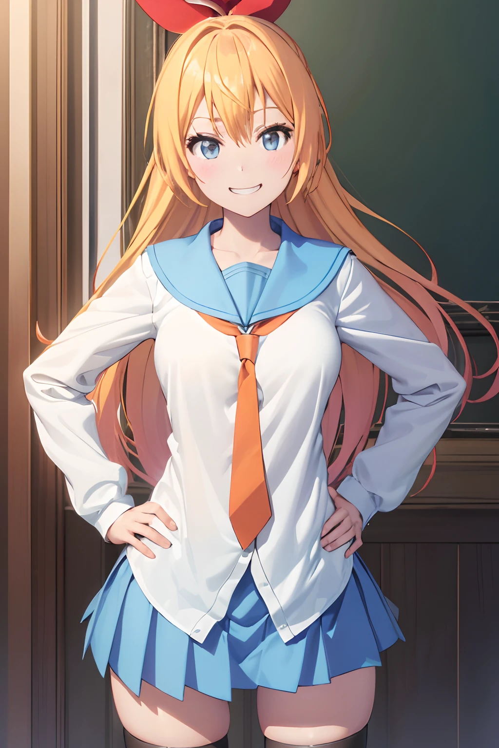 (the Extremely Detailed CG Unity 8K Wallpapers), (masutepiece), (Best Quality), (Ultra-detailed), (Best Illustration), (Best Shadow), (absurderes), 1girl in, Solo, Kirisaki Sentoge, School uniform, serafuku, orange necktie, Light blue skirt, black thighhighs, Hands on hips, Looking at Viewer, Smile, grin