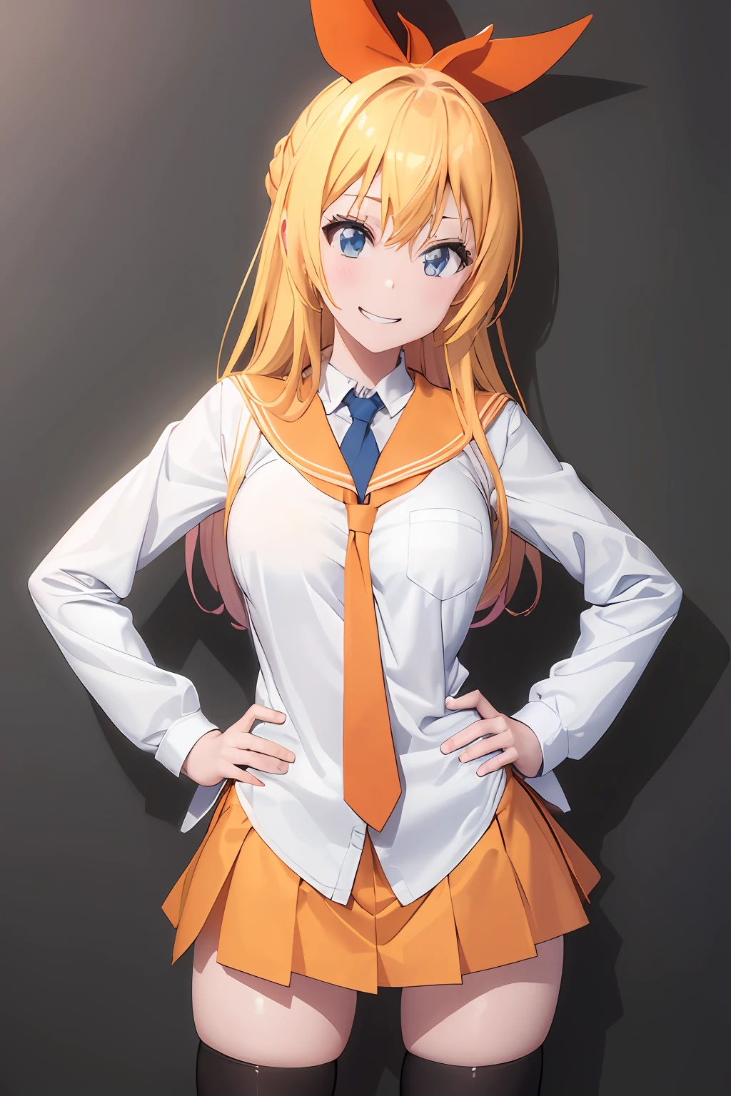 (the Extremely Detailed CG Unity 8K Wallpapers), (masutepiece), (Best Quality), (Ultra-detailed), (Best Illustration), (Best Shadow), (absurderes), 1girl in, Solo, Kirisaki Sentoge, School uniform, serafuku, orange necktie, Light blue skirt, black thighhighs, Hands on hips, Looking at Viewer, Smile, grin