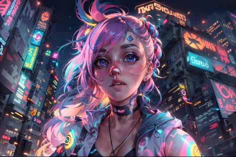 1girl,Creative hair,Rainbow Hair,City streets,fisheye,neon cold lighting, cyberpunk, blush, Waist Shot,Detailed face details,dyn...