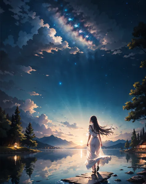 masterpiece, best quality, anime style, watercolor and digital painting, 1girl in the night lake under the starry sky, starry se...