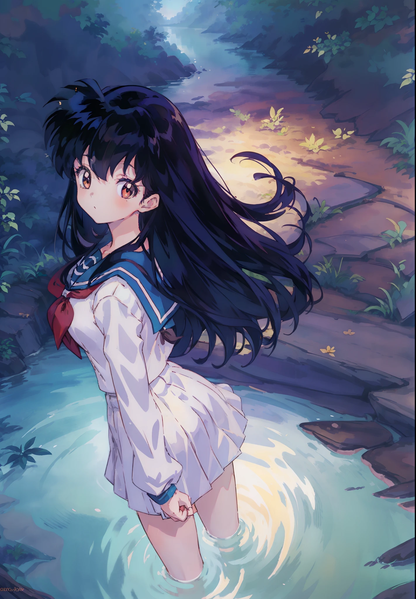 1girl, Kagome Higurashi, brown eyes, full body, photorealistic, (hyperrealistic:1.2), perfect eyes, perfect face, perfect lighting, outdoors, warm colors, forest lake, school uniform, in water, night time,