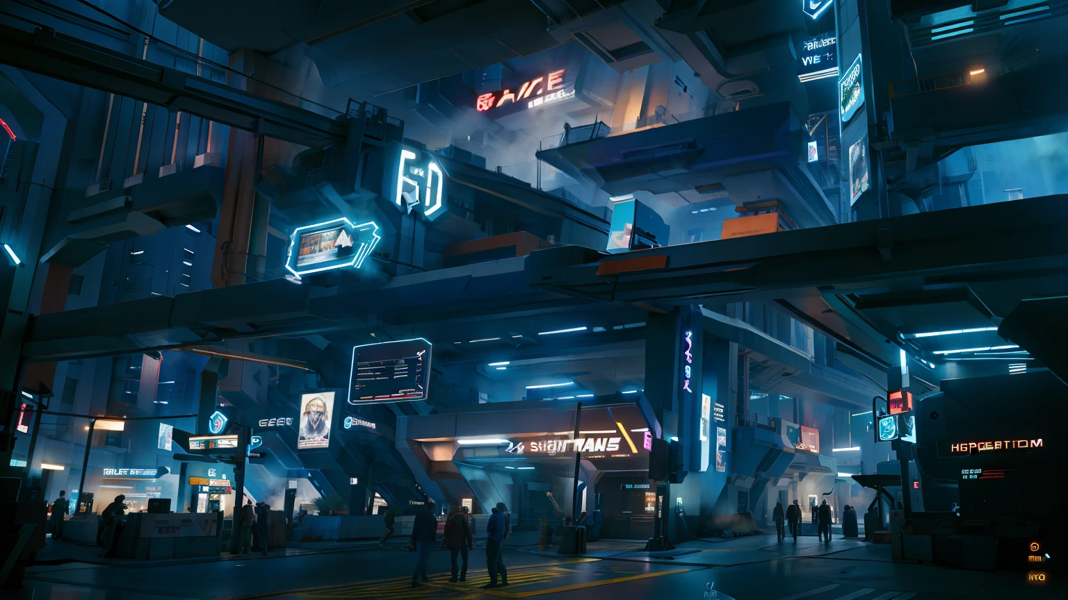 nightcity,((night:1.5)),blue neonlights,(high quality, best quality, hi res), (ultimate phtoreal Concept Art),crowds,station, high buildings,no streets,