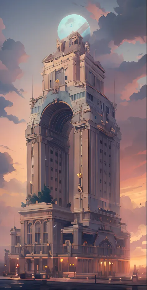 Building detailed anime illustration, landscape, vintage, dreamy, drawing, trending on artstation, UHD, (((by Quentin de Warren)...