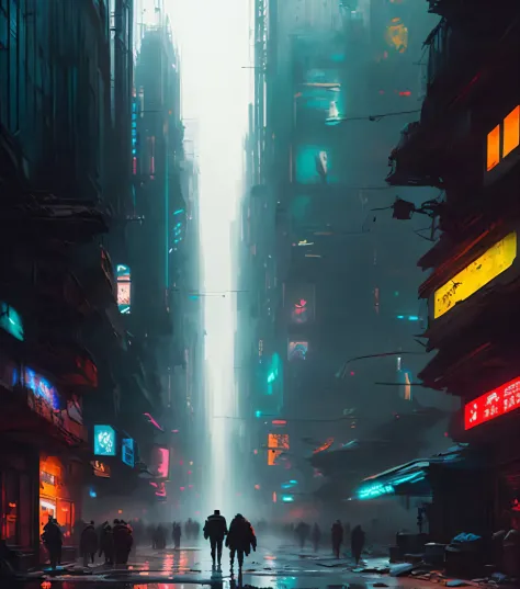 (masterpiece) high detailed raw, a post apocalyptic man with a backpack is walking through a vivid rainbow themed cyberpunk city...