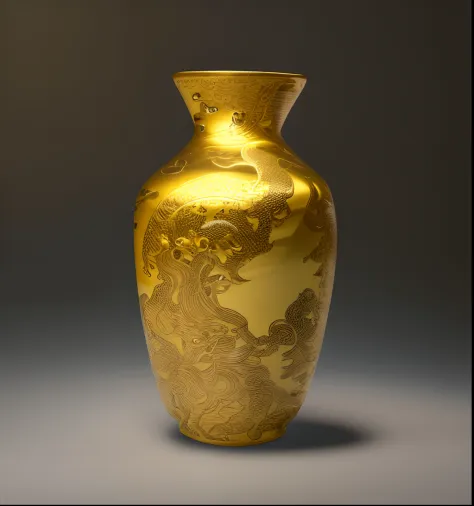Gold vase：1.5，There is a dragon design on it,loong pattern， style of chinese vase,ancient chinese ornate, vases, Chinese art, museum item, museum artifact, ancient china art style, vase work, museum masterpiece, Museum works, mountain water, Qing dynasty，h...