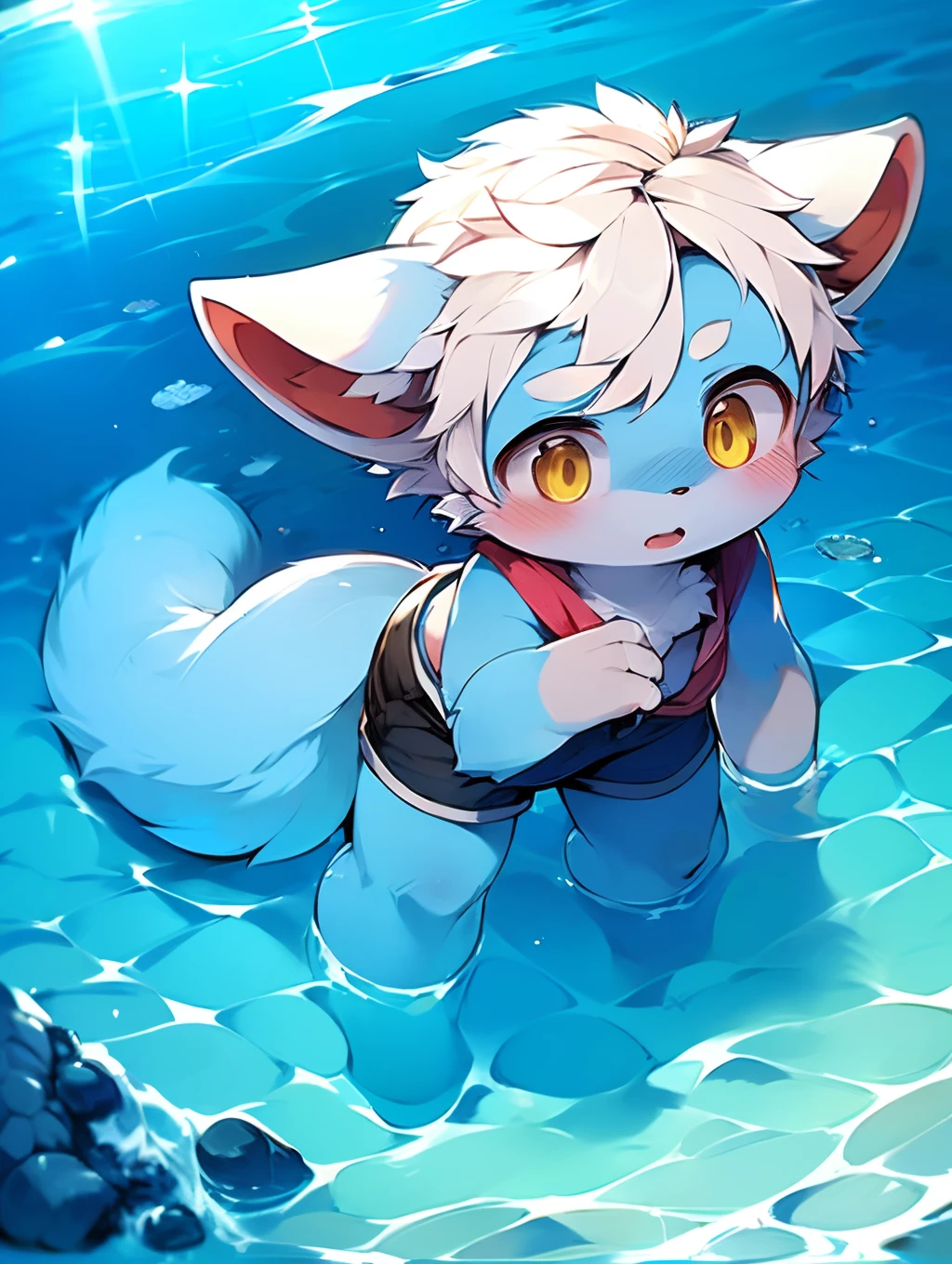 (by Dagasi: 1.1), BREAk, master masterpiece, high resolution, 8k, detailed background, high quality, BREAk, BREAk, (light blue fur, white hair, black sclera, yellow eyes, fluffy fur, detailed fur)) hairy, broken, masculine, boy, humanoid, shorts, swimming trunks, deep sea, (((under the sea, in the sea, playing in the water, swimming, diving))), solo