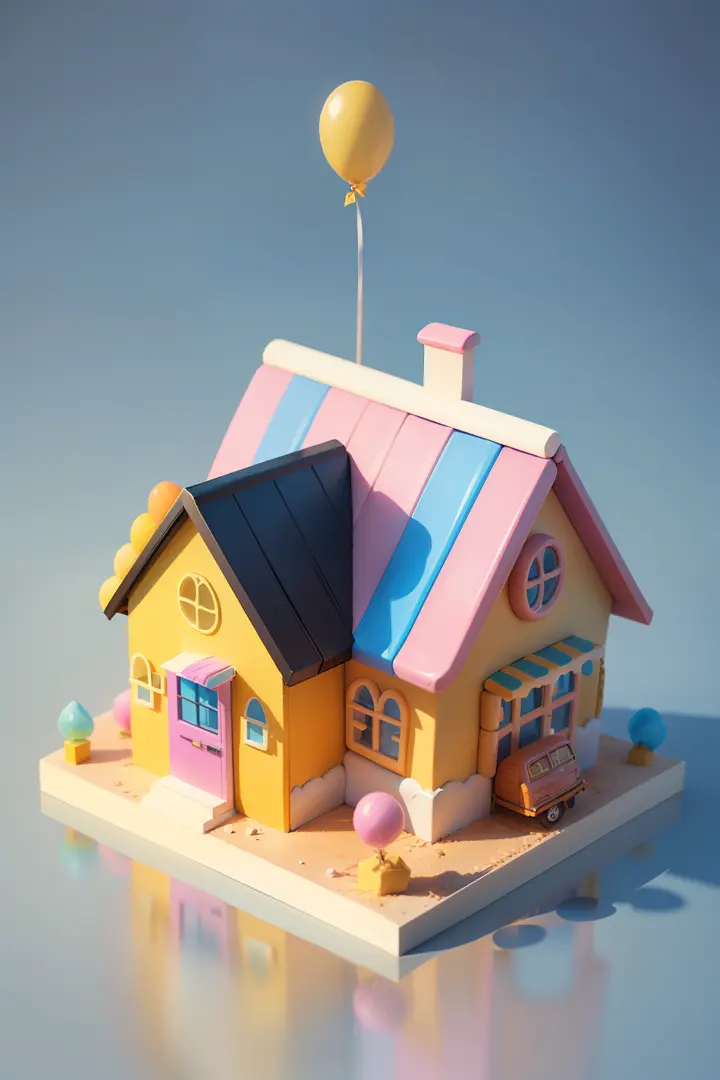 isometric house, (top-down 45-degree perspective), cartoon, candy house, colorful balloons, cute building, huge candy-like signboard, amusement park, blank background, clear structure, correct light and shadow, 3D rendering