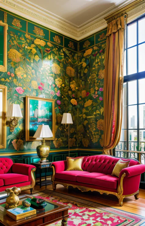 Architectural Digest photo of a maximalist green {vaporwave/steampunk/solarpunk} living room and sofa with lots of red flowers, ...