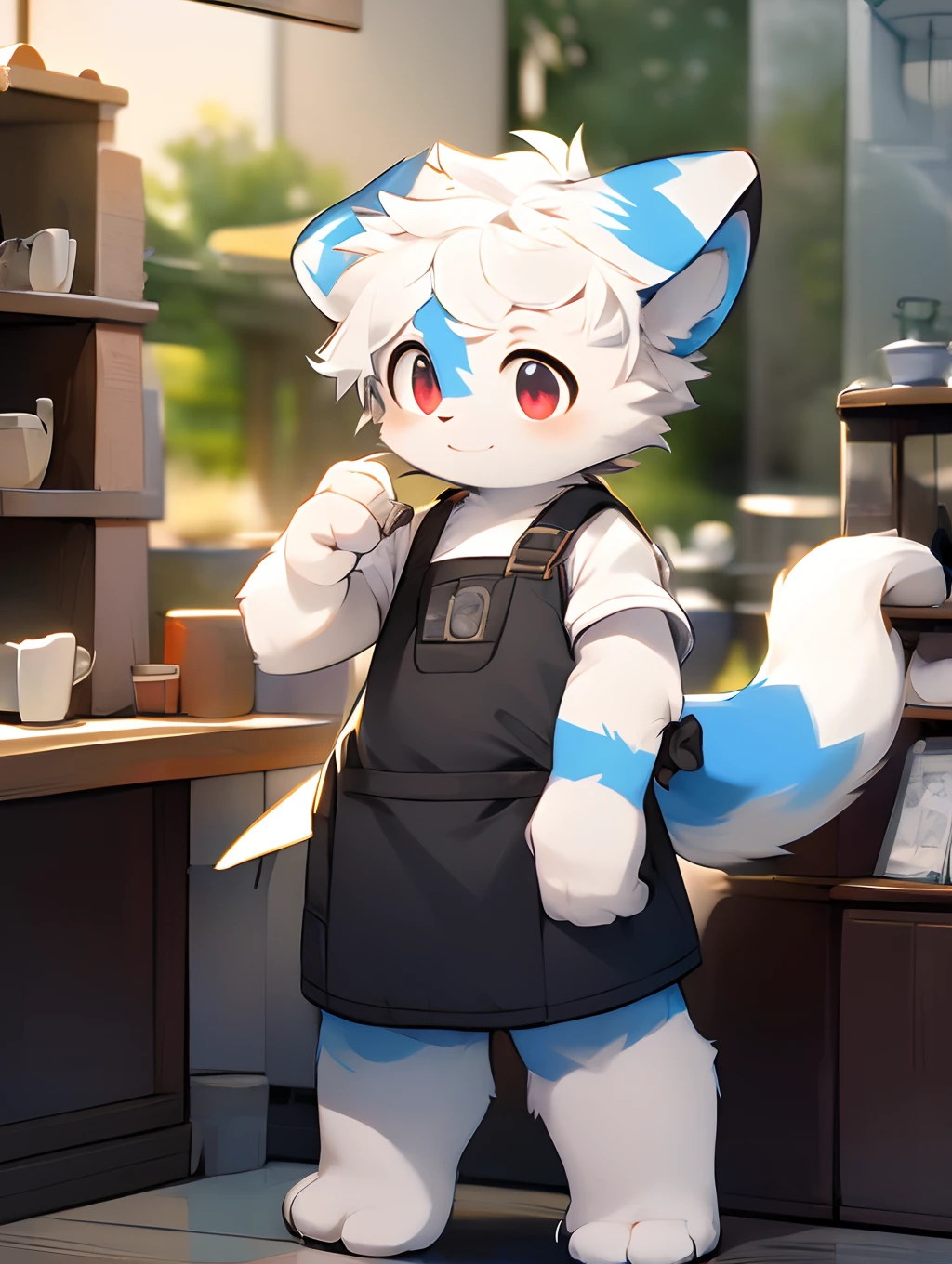 (light blue furs， Detailed fur， red eyes， White hair)， adolable， standing on your feet， Master masterpieces， A high resolution， 8k， detailedbackground， high qulity， Libido boy， male people， solo， aprons ，Cafe，ssmile，solo person，solo