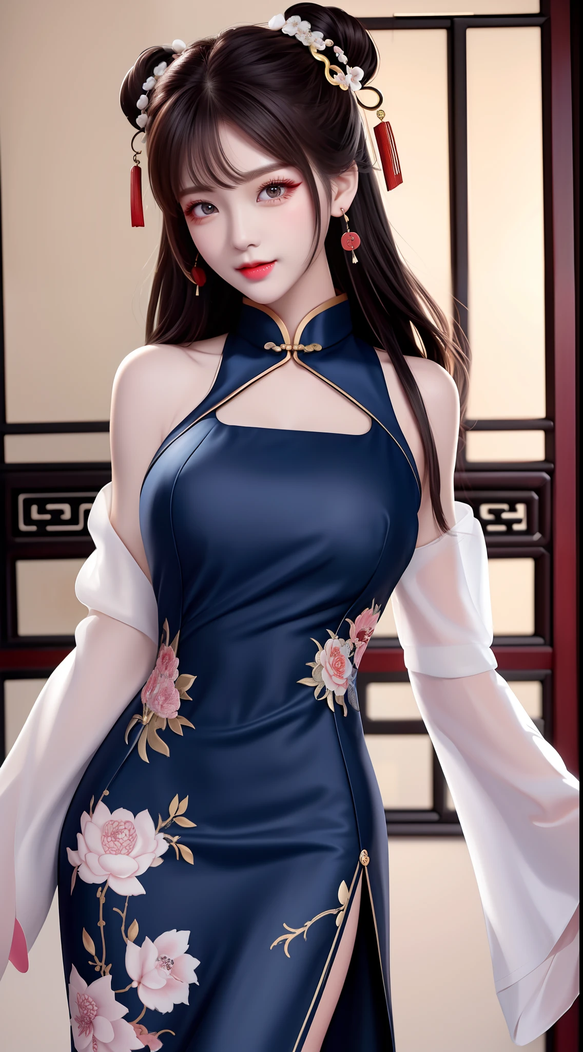 Need,tmasterpiece,A high resolution,1girll,Blushlush,(Seductive smile:0.8),starpupil,Chinese shoulder suction red Hanfu,hair adornments,choker necklace,trinkets,beautfully face,On_Body,Tindal effect,Lifelike,Shadow room,Light edges,Two-tone lighting，（highdetailskin：1.2），8K, ultra HD，SLR，softlighting，high high quality，Volumetriclighting，Candid camera，photore，A high resolution，4K，8K，Antique bust photo in the background: A girl about 22 years old，Perfectcomposition，Precise and perfect human anatomy，Golden ratio creation，Surreal and realistic。Detailed skin details，White skin of the，shiny skin，Creamy glowing skin，Skin that is white and red。Exquisite depiction of facial features，Perfect makeup，Detailed depiction of the face，Clean and flawless face。A sweet smile，Smile without showing your teeth。Extremely detailed depiction of hair，Long black hair，Hair coiled，tying  hair，High bun，The wind blew away the hair。Eyebrows upturned，long eyelasher，double eyelid。Affectionate eyes，Big bright eyes，Sweet with lying silkworms。High nose bridge。Thin lips，Pink lip gloss，Straight teeth。Delicate collarbones。Delicate pendant，Ear ring。Perfect tall figure，Get it all together，Long legs and thin waist，Skinny beauty，Can't be too thin。Straight chest，medium boob。Keep your head up and your chest up，Look ahead，Face the lens，stand。Ancient architectural background(((Chinese style new Chinese ink floral dress)))，half-body photo，Daughter，mid hair，Hair over the shoulder，Clear eyes，Smooth hair，Exquisite and perfect facial features，the most beautiful big eyes，Long eyelashes，The eyes are sweet and there are lying silkworms，dynamic angle，Extreme image quality，Highest accuracy，Precise and perfect human body，Works of masters，HighestQuali，mid hair，Hair over the shoulder，Tattooed，brunette color hair，double bun hair，shift dresses，Ear ring，hair adornments，jewely，korean clothes，putting makeup on，photore（curly），standing on your feet，Upp，Facing the viewer，Hyper-Resolution，hyper HD，Optimal quality，Bend long eyelashes，shiny lip，bust
