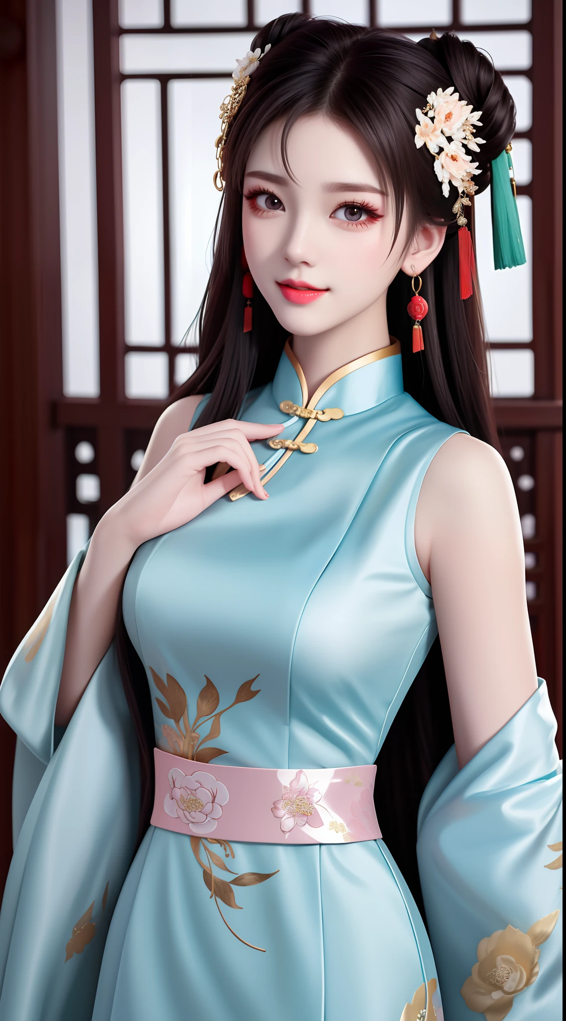 Need,tmasterpiece,A high resolution,1girll,Blushlush,(Seductive smile:0.8),starpupil,Chinese shoulder suction red Hanfu,hair adornments,choker necklace,trinkets,beautfully face,On_Body,Tindal effect,Lifelike,Shadow room,Light edges,Two-tone lighting，（highdetailskin：1.2），8K, Ultra HD，Slr，softlighting，high high quality，Volumetriclighting，Candid camera，photore，A high resolution，4K，8K，Antique bust photo in the background: A girl about 22 years old，Perfectcomposition，Precise and perfect human anatomy，Golden ratio creation，Surreal and realistic。Detailed skin details，White skin of the，shiny skin，Creamy glowing skin，Skin that is white and red。Exquisite depiction of facial features，Perfect makeup，Detailed depiction of the face，Clean and flawless face。A sweet smile，Smile without showing your teeth。Extremely detailed depiction of hair，Long black hair，Hair coiled，tying  hair，High bun，The wind blew away the hair。Eyebrows upturned，long eyelasher，二重まぶた。Affectionate eyes，Big bright eyes，Sweet with lying silkworms。High nose bridge。Thin lips，Pink lip gloss，Straight teeth。Delicate collarbones。Delicate pendant，Ear ring。Perfect tall figure，Get it all together，Long legs and thin waist，Skinny beauty，Can't be too thin。Straight chest，medium boob。Keep your head up and your chest up，Look ahead，Face the lens，Stand。Ancient architectural background(((Chinese style new Chinese ink floral dress)))，half-body photo，Kizi，mid hair，Hair over the shoulder，Clear eyes，Smooth hair，Exquisite and perfect facial features，the most beautiful big eyes，Long eyelashes，The eyes are sweet and there are lying silkworms，dynamic angle，Extreme image quality，Highest accuracy，Precise and perfect human body，Works of masters，HighestQuali，mid hair，Hair over the shoulder，Tattooed，brunette color hair，double bun hair，shift dresses，Ear ring，hair adornments，jewely，korean clothes，putting makeup on，photore（curly），standing on your feet，Upp，Facing the viewer，Hyper-Resolution，hyper HD，Optimal quality，Bend long eyelashes，shiny lip，bust