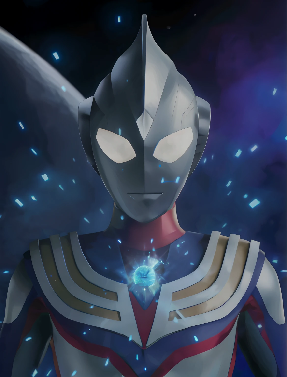 A close-up of a man in a spacesuit，In the background is a star, Ultraman, an epic anime of a energy man, ultra instinct, ultra mega detailed, anime movie screenshot, screenshot from the anime film, anime cgi, japanese cgi, anime cgi style, transforming into his final form, ultra hyper-detailed, Saitama, Tokusatsu