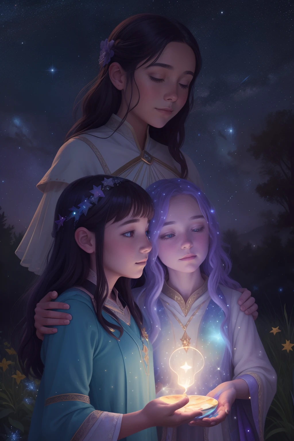 Bearer of Starlit Whispers:
A painter encounters a companion who carries starlight in their hands. The painter captures the subject as they release the starlight, which transforms into vibrant constellations, forming a portrait that resonates with celestial magic.