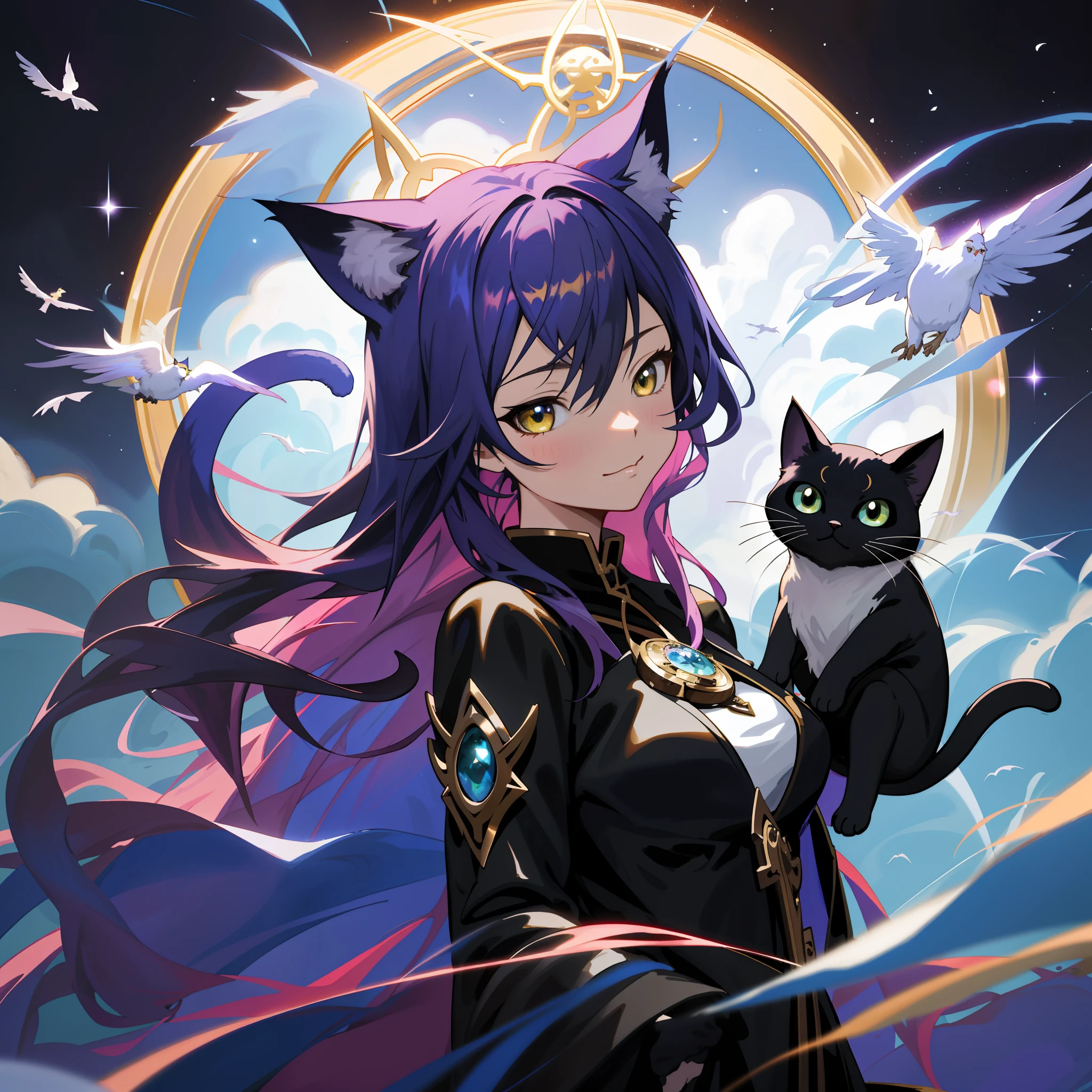 Anime girl with purple hair and black cat in front of a full moon - SeaArt  AI