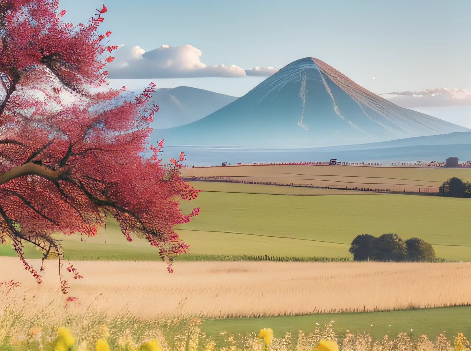 A field of red hawthorn trees full of hawthorn growing in the field，In the distant background is a turquoise mountain，with soft colors