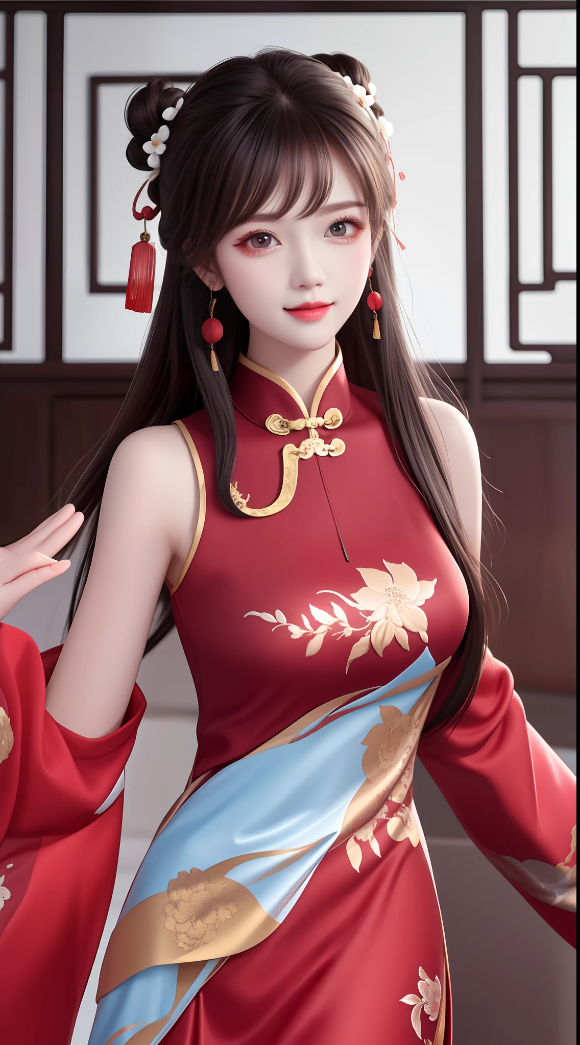 Besoin,chef-d&#39;œuvre,Une haute résolution,1fille,Blushlush,(Sourire séduisant:0.8),élève étoile,Hanfu rouge chinois à succion d&#39;épaule,ornements de cheveux,collier ras du cou,bibelots,joliment visage,sur_corps,Effet Tindal,réaliste,Salle d&#39;ombre,Bords clairs,Éclairage bicolore，（peau très détaillée：1.2），8k, Ultra HD，REFLEX，éclairage doux，de haute qualité，Éclairage volumétrique，caméra cachée，photo，Une haute résolution，4K，8k，Antique bousiller photo in the background: Une fille d&#39;environ 22 ans，Composition parfaite，Anatomie humaine précise et parfaite，Création du nombre d&#39;or，surréaliste et réaliste。détails détaillés de la peau，Peau blanche du，peau brillante，Peau crémeuse et éclatante，Peau blanche et rouge。Représentation exquise des traits du visage，maquillage parfait，Représentation détaillée du visage，Visage propre et impeccable。Un doux sourire，Souriez sans montrer vos dents。Représentation extrêmement détaillée des cheveux，longs cheveux noirs，Cheveux enroulés，attacher les cheveux，chignon haut，Le vent a emporté les cheveux。Sourcils retroussés，cils longs，double paupière。yeux affectueux，de grands yeux brillants，Doux avec les vers à soie couchés。pont de nez haut。Lèvres fines，brillant à lèvres rose，dents droites。Clavicules délicates。pendentif délicat，boucle d&#39;oreille。Grande silhouette parfaite，Rassemblez tout cela，Jambes longues et taille fine，Beauté maigre，Je ne peux pas être trop mince。poitrine droite，Seins moyens。Gardez la tête haute et la poitrine relevée，regarder devant，Face à l&#39;objectif，Rester。Contexte architectural ancien(((Nouvelle robe florale à l&#39;encre de Chine de style chinois)))，photo demi-corps，Fille，cheveux mi，cheveux sur l&#39;épaule，Yeux clairs，cheveux lisses，traits du visage exquis et parfaits，les plus beaux grands yeux，long cils，Les yeux sont doux et il y a des vers à soie couchés，angle dynamique，Qualité d&#39;image extrême，Précision la plus élevée，Corps humain précis et parfait，Oeuvres de maîtres，Qualité la plus élevée，cheveux mi，cheveux sur l&#39;épaule，tatoué，cheveux couleur brune，cheveux en double chignon，robes droites，boucle d&#39;oreille，ornements de cheveux，bijoux，vêtements coréens，se maquiller，photo（bouclé），debout sur tes pieds，En haut，face au spectateur，Hyper-résolution，hyper HD，qualité optimale，Pliez les longs cils，lèvre brillante，bousiller