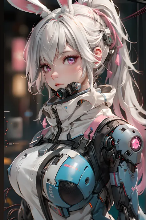 ((best qualtiy)),Cyborg girl in cyborg style，Gray hair，Long ponytail hairstyle，Wear headphones in the shape of rabbit ears and a gas mask，The gas mask has a green light on the surface，Dressed in a white suit，There are long pink bands of light on the clothe...