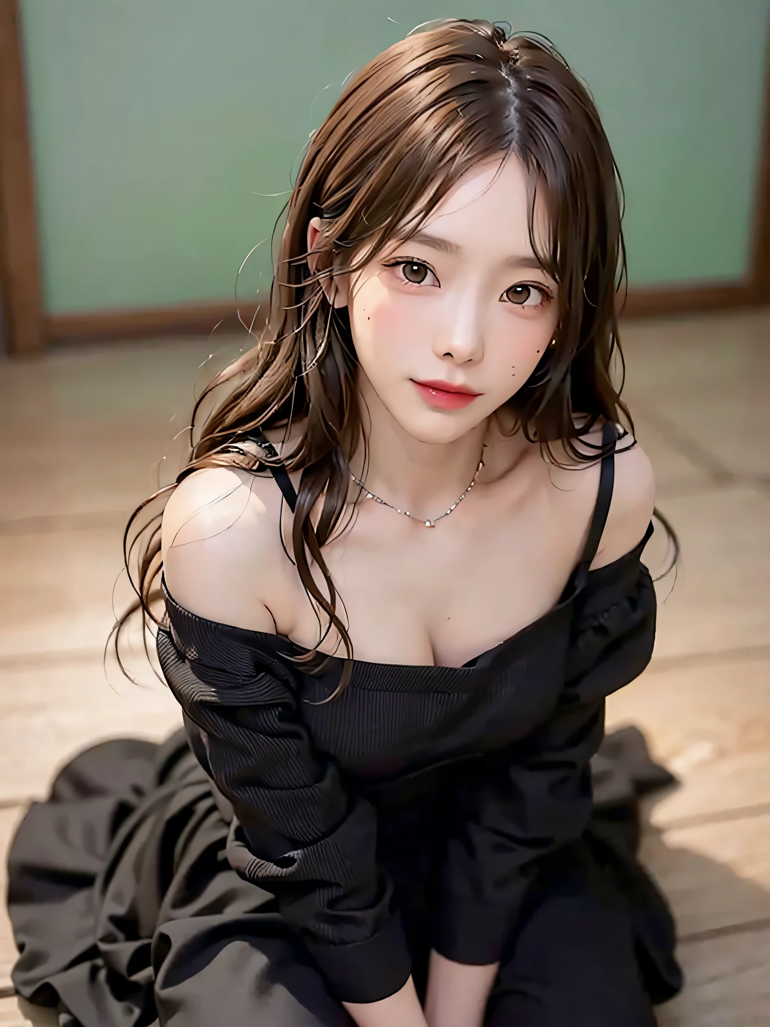 film photography, 1girl, (POV:1.1), kneeling, (from above:1.2), maid dress,, breasts, (hand covering chest:1.1), seductive smile, medium breast, full body, drunk blush:1.5, black wavy shoulder-length hair, serene, calm, (realistic detailed eyes, natural skin texture, realistic face details), soft dramatic lighting, depth of field, bokeh, vibrant details, finely detailed, hyperrealistic