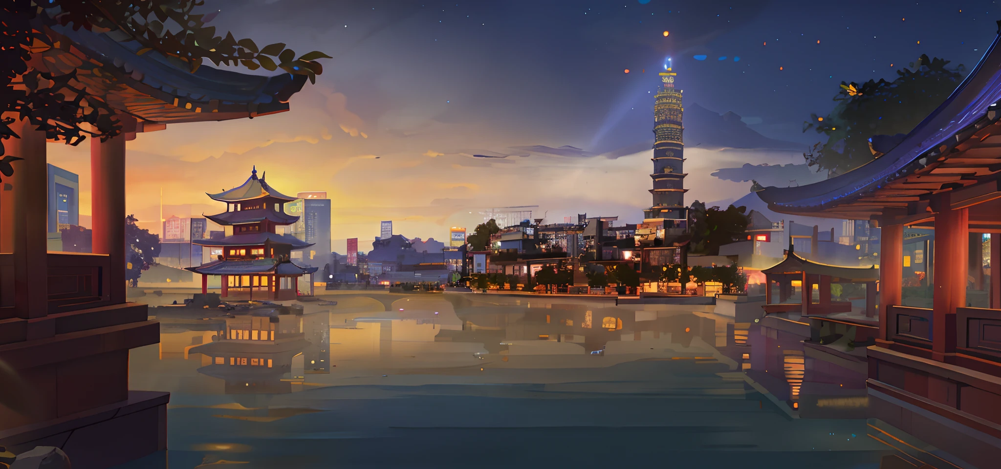 Chinese Ancient Architecture、the night、trpical garden、bamboos、lakes、Stone、Epic composition、Realistic lighting、high definition detail、tmasterpiece、The best quality，（非常详细的 CG 统一 8k 壁纸），（The best quality）