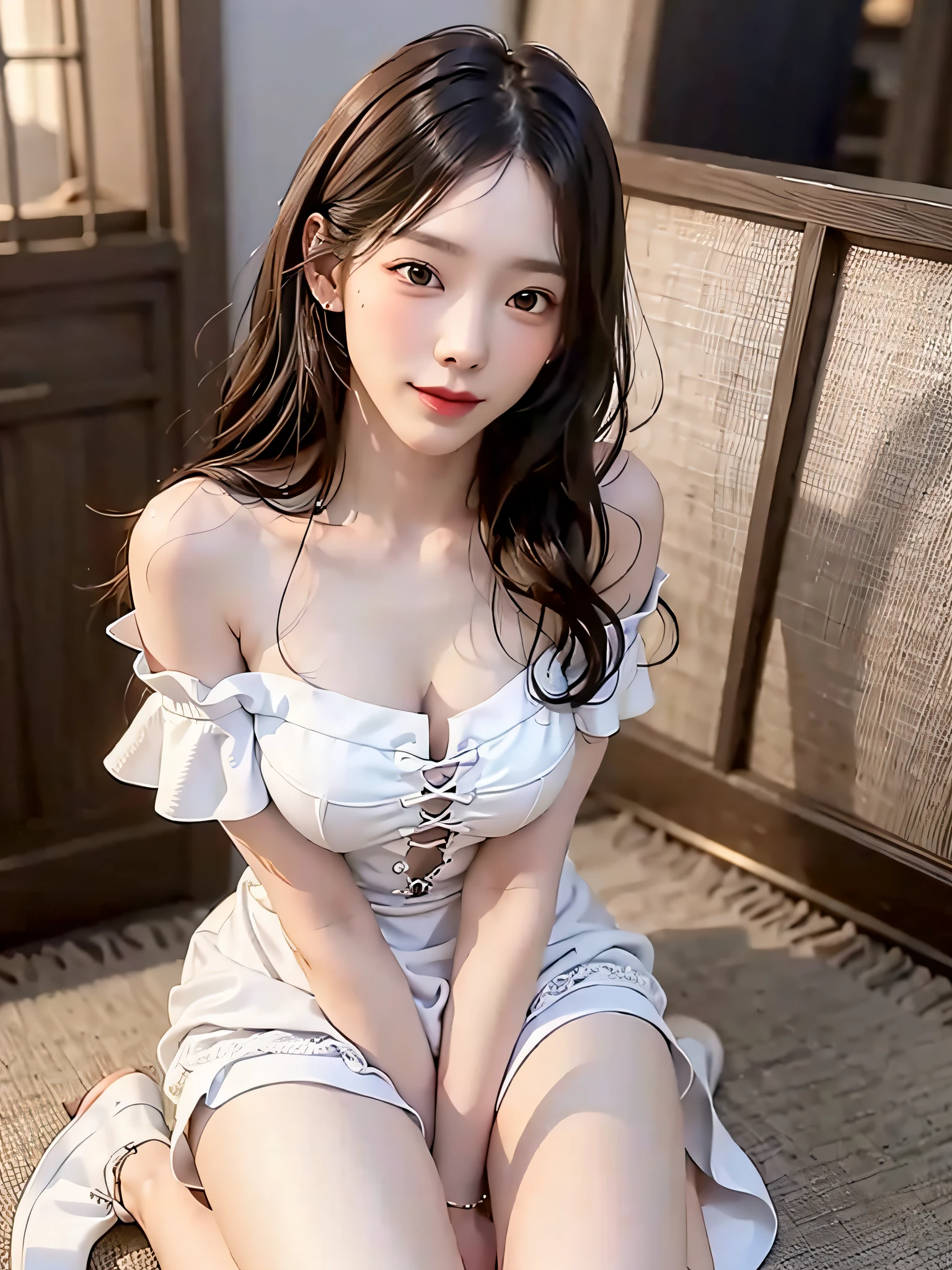 film photography, 1girl, (POV:1.1), kneeling, (from above:1.2), maid dress,, breasts, (hand covering chest:1.1), seductive smile, medium breast, full body, drunk blush:1.5, black wavy shoulder-length hair, serene, calm, (realistic detailed eyes, natural skin texture, realistic face details), soft dramatic lighting, depth of field, bokeh, vibrant details, finely detailed, hyperrealistic