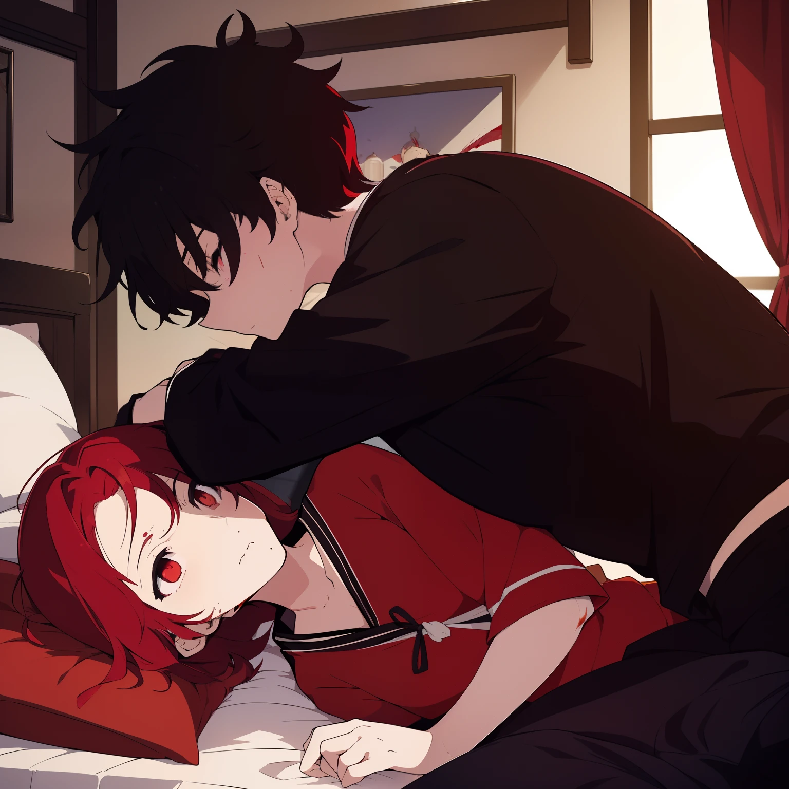 “(0～3 people)(((best quality))),(((ultra detailed))),(((masterpiece))),illustration,2 people,red hair,black hair,sad expression,serious expression,red hanfu,servant hanfu,in palace,bedroom,night scene,lying on bed,hugging each other,blood on floor”