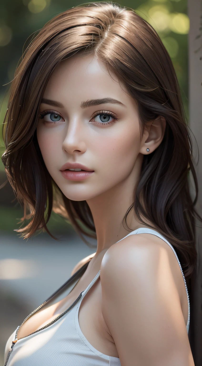 (Masterpiece, best quality, photorealistic, highres, photography, :1.3), very close-up shot, sharp focus, 1 brunette girl, European girl, hot model, highly detailed eyes and pupils, realistic skin, slim body shape, cleavage, extremely detailed hair, delicate sexy face, sensual gaze, shiny lips, ((wearing zip tank tops)), outdoor, ((realistic, super realistic, realism, realistic detail))