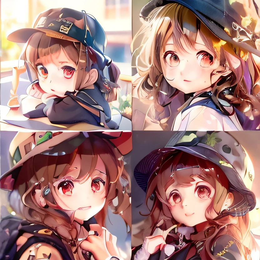 Four different photos of a girl in a hat and backpack, lovely art style, anime moe art style, Cute hats, cute anime girl portraits, adorable expression, High Quality Anime Art Style, Anime art style, Kawasi, cute faces, Cute anime style, anime art style, Cute anime, beautiful anime art style, cute anime face, Guviz