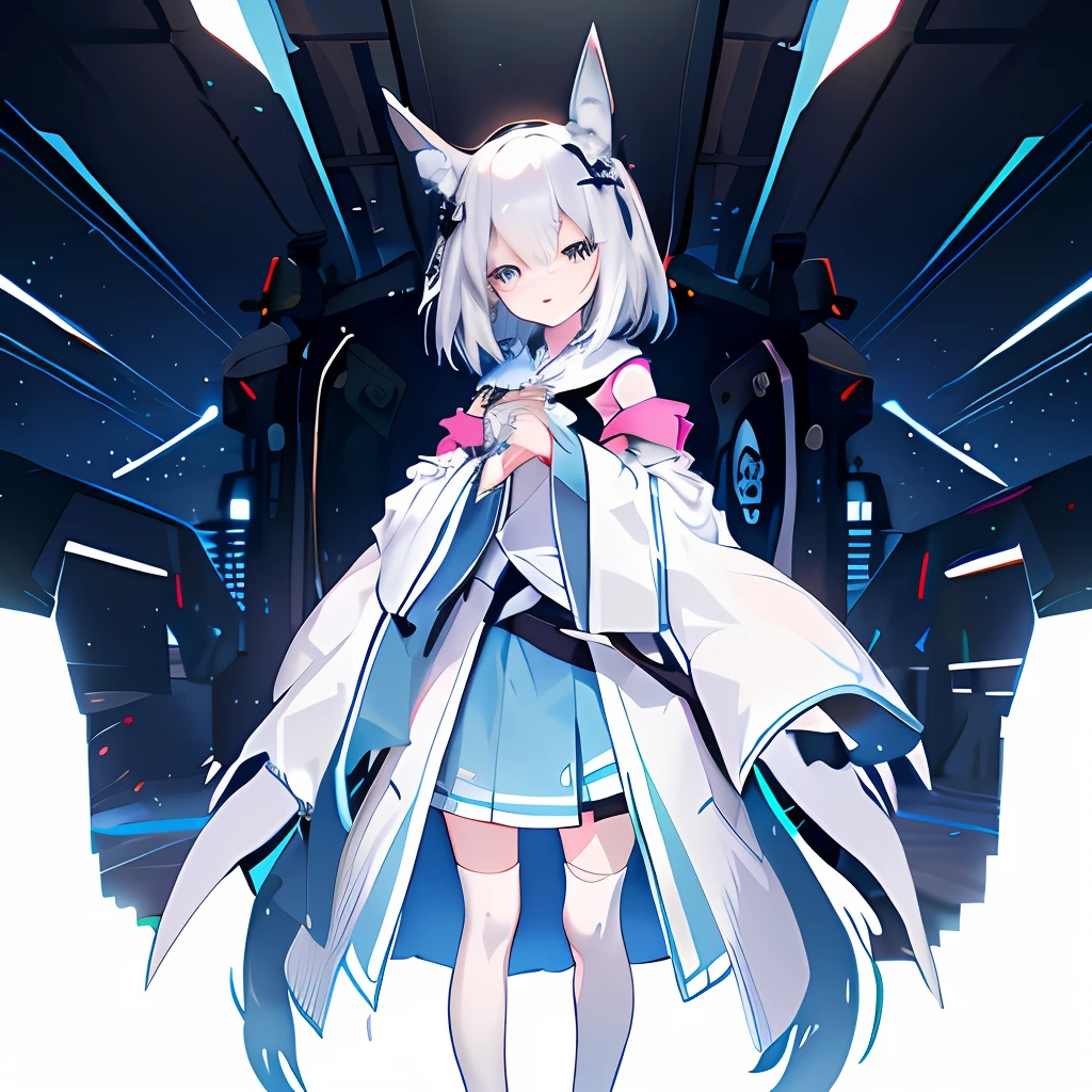 Anime girl in blue dress，Cat ears and cape, From the night of the ark, Best anime 4k konachan wallpaper, A scene from the《azur lane》videogame, arknight, azur lane style, White-haired fox, White Cat Girl, white fox anime, style of anime4 K, Fully robotic!! cat woman, portrait anime space cadet girl