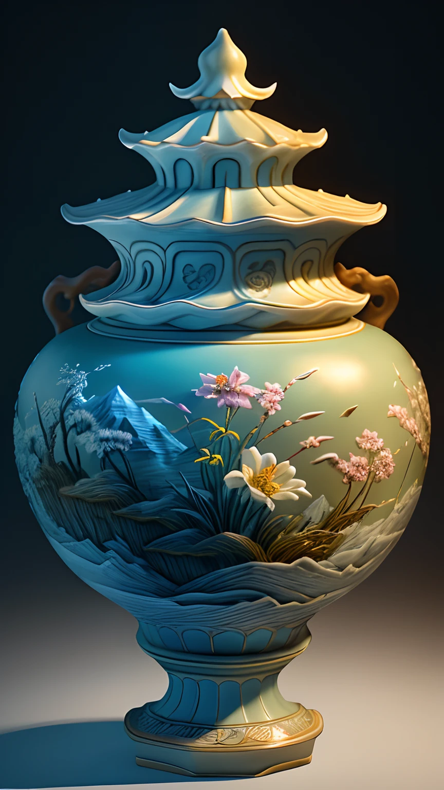 best quality, realistic, photorealistic,  ultra detailed, "Mountain of Flower and Fruit+Fairy+Chinese Architecture" highly detailed carving on "southern ice" porcelain,Ultra wide angle,Accent Lighting,Volumetric Lighting,backlighting, (detailed light),((an extremely delicate and beautiful)),dramatic_shadow,ray_tracing,hdr