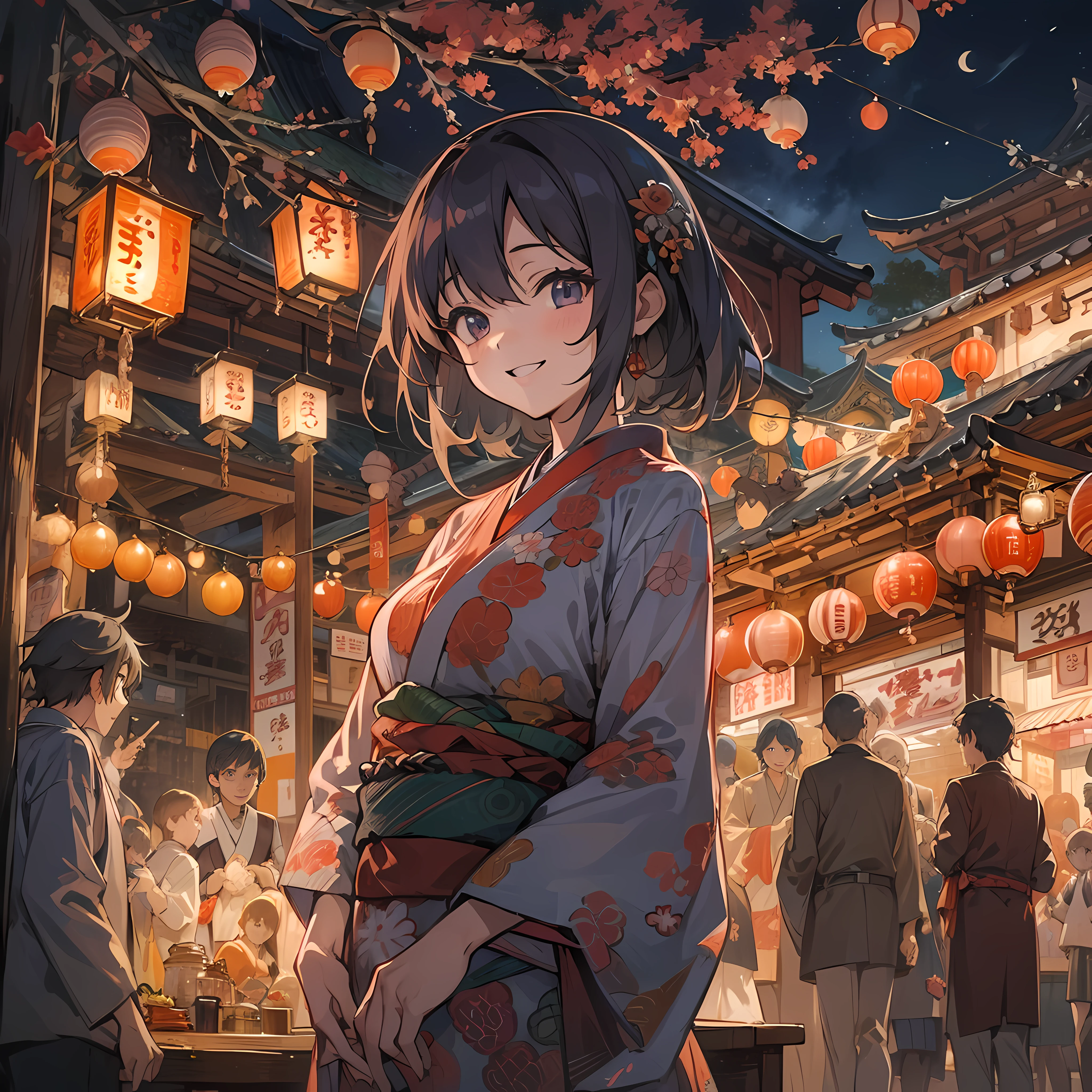 masutepiece, Best Quality, Extremely detailed, Anime, girl, Full body, Japanese style, Night, Smile, Happy, Temple Festival, Night Stall