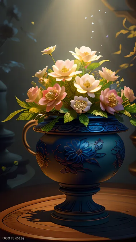 There is a blue vase with flowers in it on a table - SeaArt AI