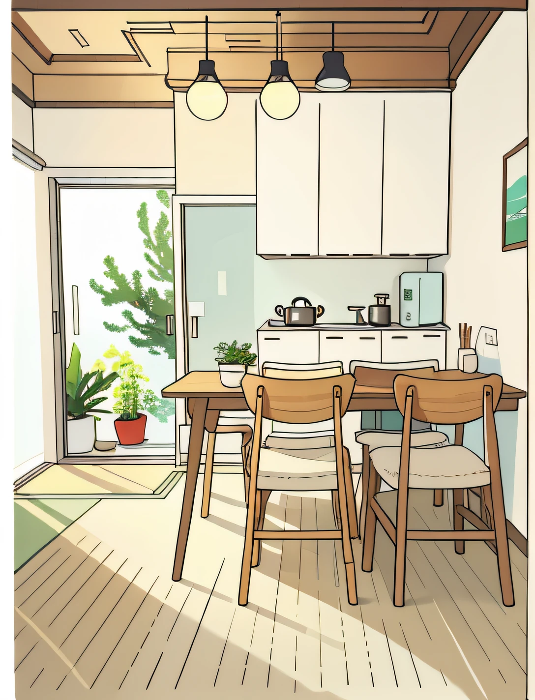 "带门的房间里有一张桌子和椅子，以自然光为背景，简约美观，斯堪的纳维亚风格，日本元素，餐桌设计舒适美观现代简约F20，小厨房，宜家风格，八进制 8K，极简主义，木质装饰，宁静平和的风格，现代简约F20洁净，斯堪的纳维亚设计"