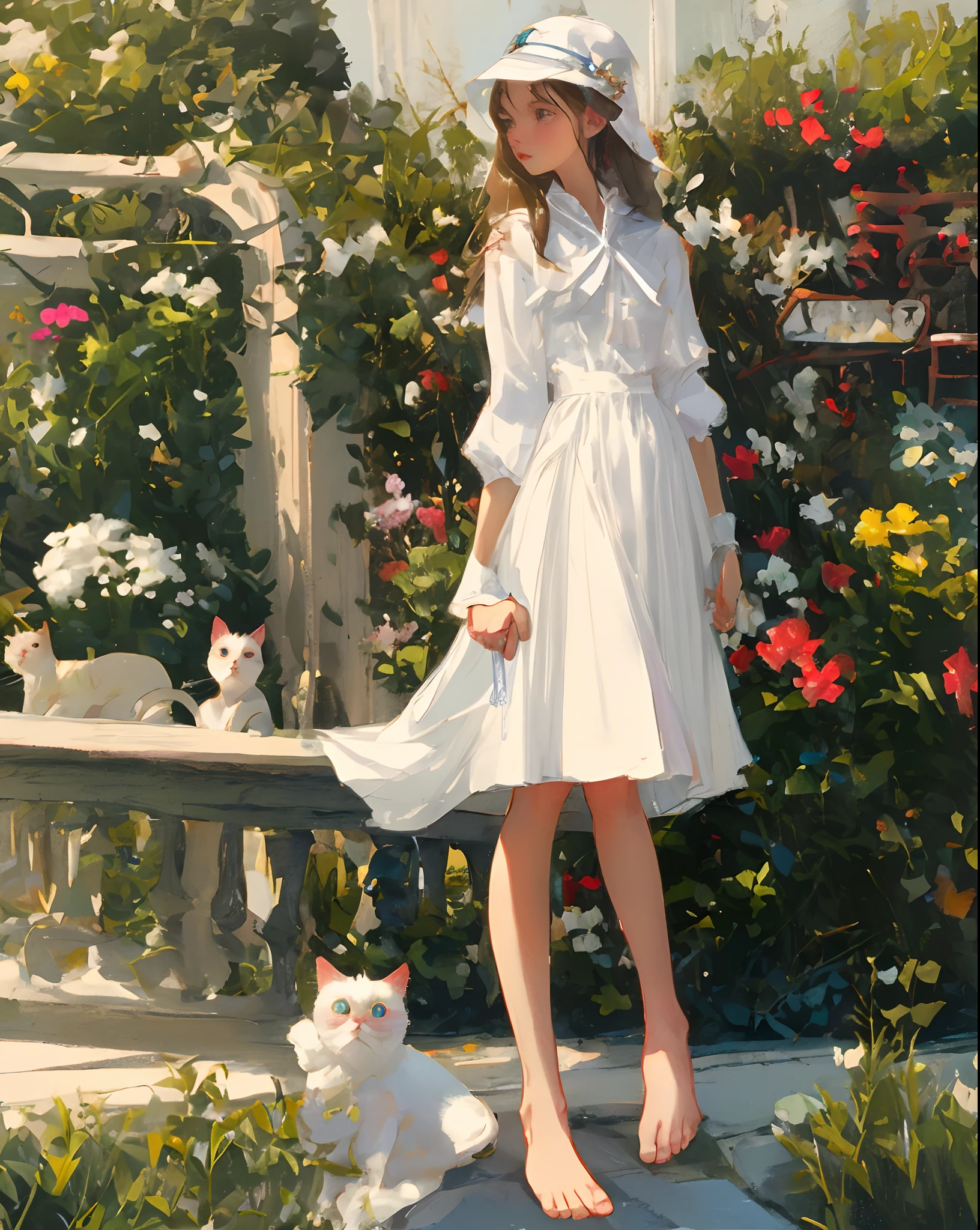 Painting of a woman in a white dress and hat standing next to a white cat -  SeaArt AI