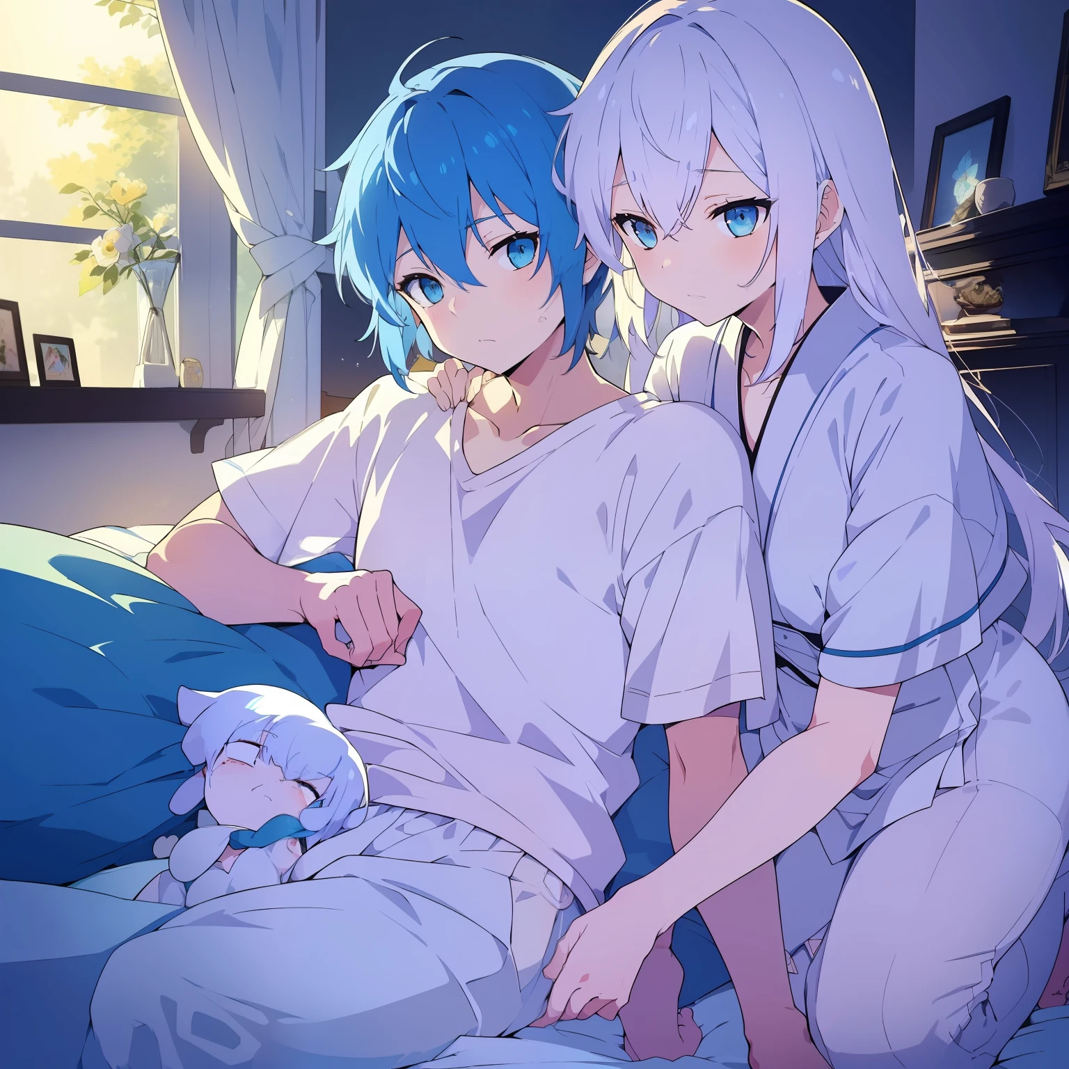 “(0～3 people)(((best quality))),(((ultra detailed))),(((masterpiece))),illustration,2 people,blue hair,white hair,painful expression,gentle expression,yellow hanfu,white hanfu,in palace,bedroom,morning scene,lying on bed,hugging each other”