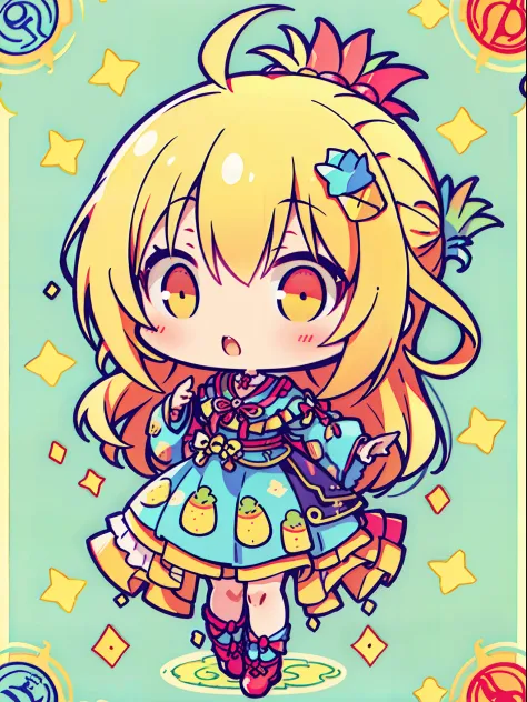 plastican00d、Chibi、(masutepiece),(Best Quality:1.0), (超A high resolution:1.0), detailed illustration, Portrait, detailed frilled clothes, Detailed beautiful skin, colored pencils style,Tarot Cards、full body Esbian、pineapple