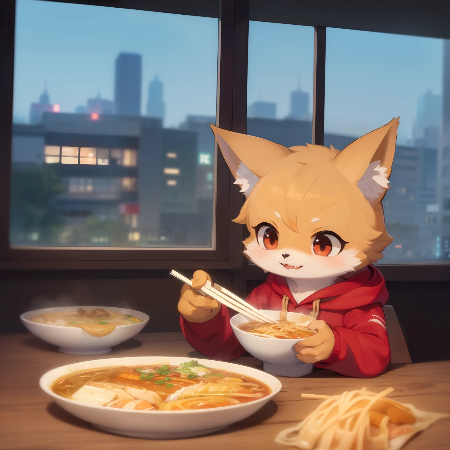 (Un adorable renard mange des ramen avec des baguettes de style urbain Pixar, La fenêtre de la ville derrière elle, 4K, beaucoup de nourriture différente sur la table, crocs mignons, Un sourire ouvert)