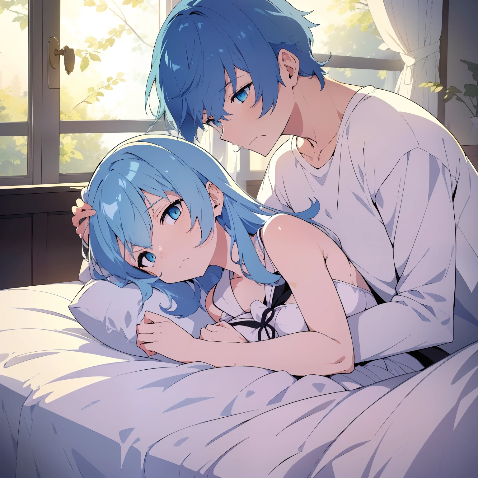 “(0～3 people)(((Best quality))),(((Ultra detailed))),(((Masterpiece))),illustration,2 people,Blue hair,White hair,Painful expression,Gentle expression,Yellow Hanfu,White Hanfu,In the palace,Bedroom,Morning scene,lying on bed,Hug each other"