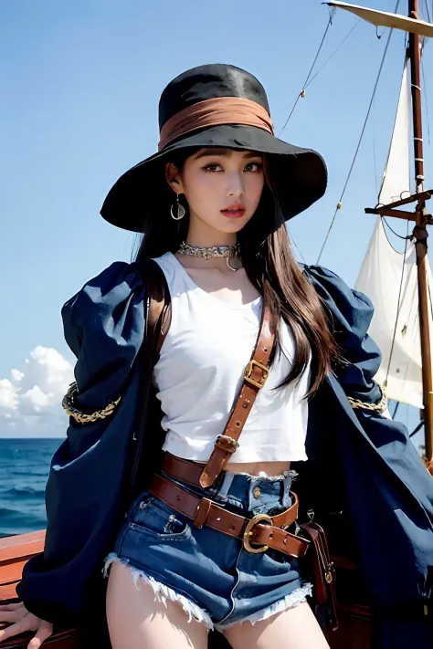 female cat furry, fantasy medieval pirate, saber in a hand, bandana, pirate hat, cocked hat, on a ship, sails, ocean and sky on ...
