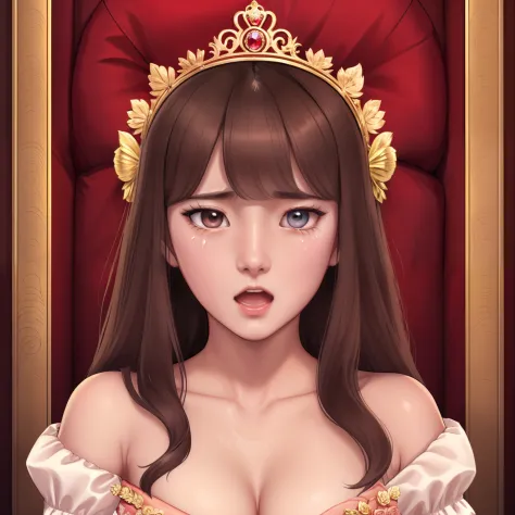 girl,princess,long wet brown hair,diamods crown,he tall,sexy pose princess,super big breast,(p cup),age 17,sad and cry detailed ...