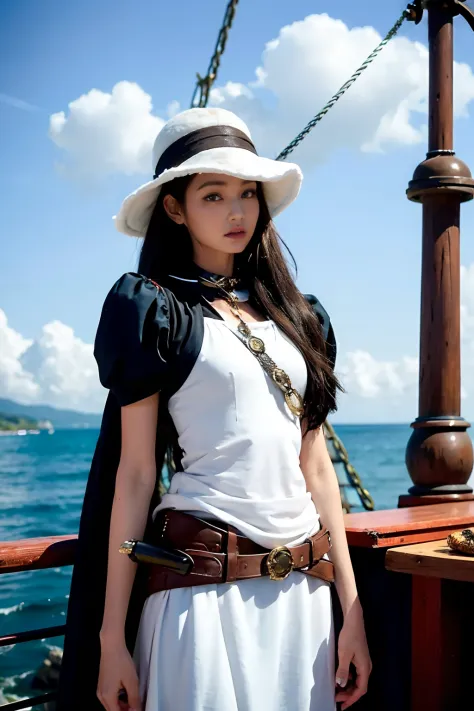 female cat furry, fantasy medieval pirate, saber in a hand, bandana, pirate hat, cocked hat, on a ship, sails, ocean and sky on ...
