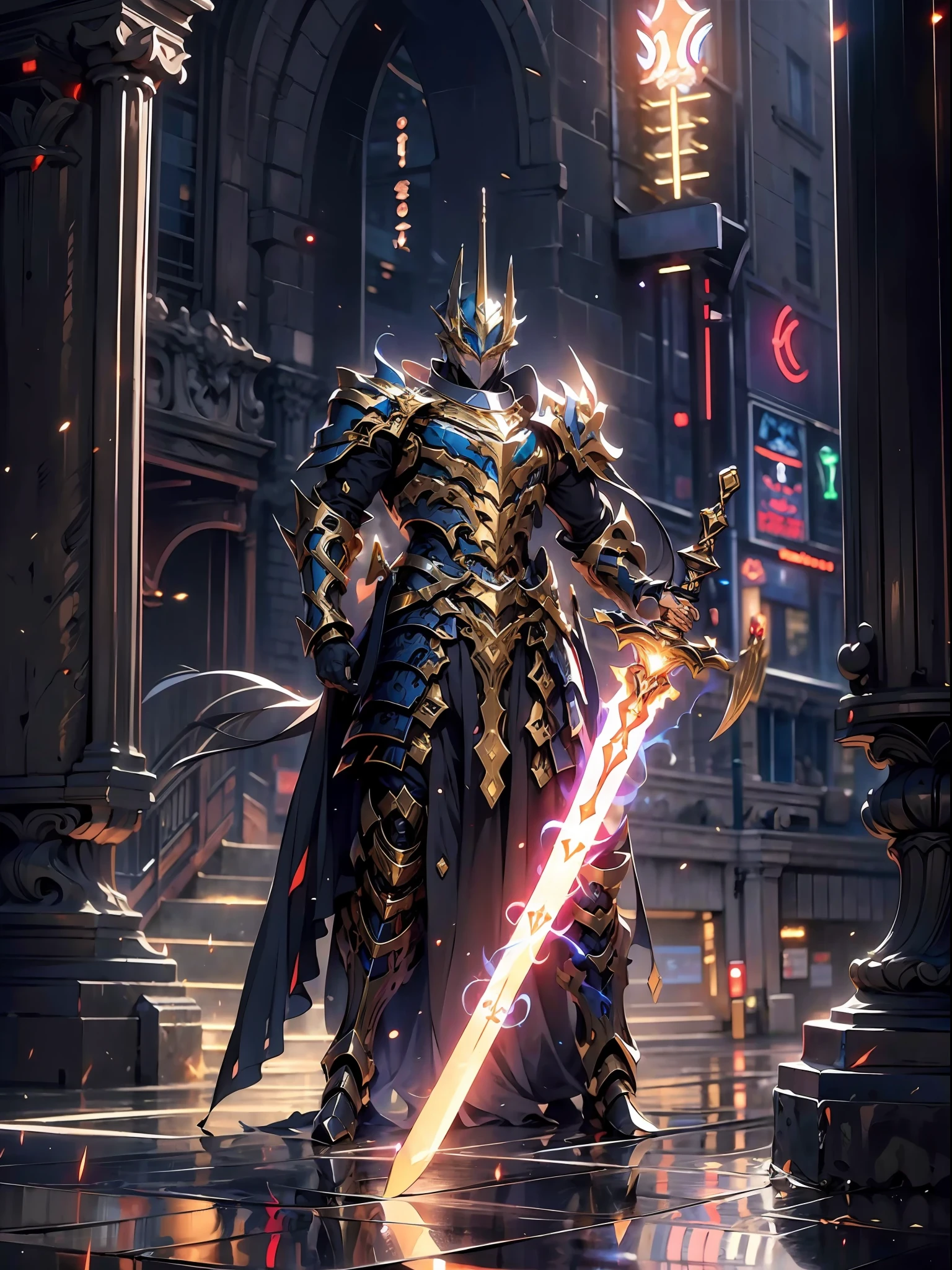 (masterpiece, best quality), A paladin holding a light infused sword, light magic, divine, magewave, silver and gold, 4k, dark cityscape, Fujifilm
