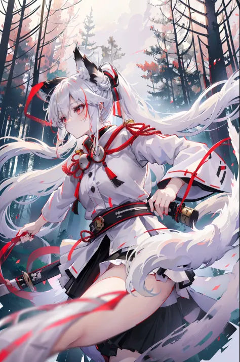 ((solo), (anime kitsune girl with long white hair in ponytail), (fox girl holding a katana and wearing a white uniform and black...