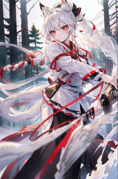 ((solo), (anime kitsune girl with long white hair in ponytail), (fox girl holding a katana and wearing a white uniform and black...