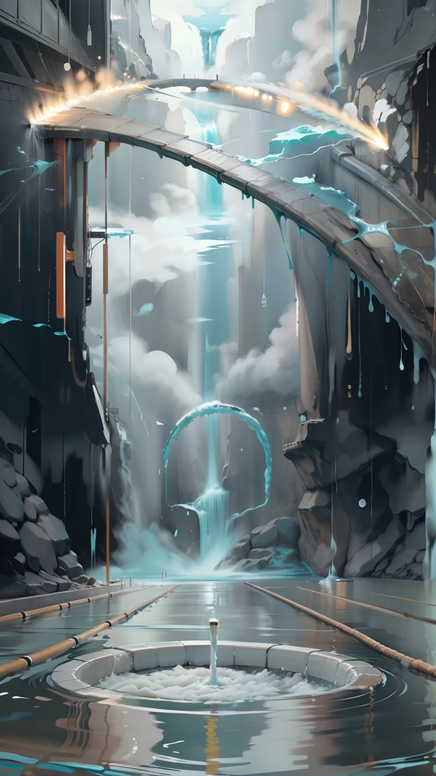 At the bottom is the swimming pool，Racing Tracks，The background is a waterfall，water flowing，Splashing waves，Realisticstyle，Realiy，keyframe，An arrow made up of water in the air，a sense of atmosphere，Strong sense of space