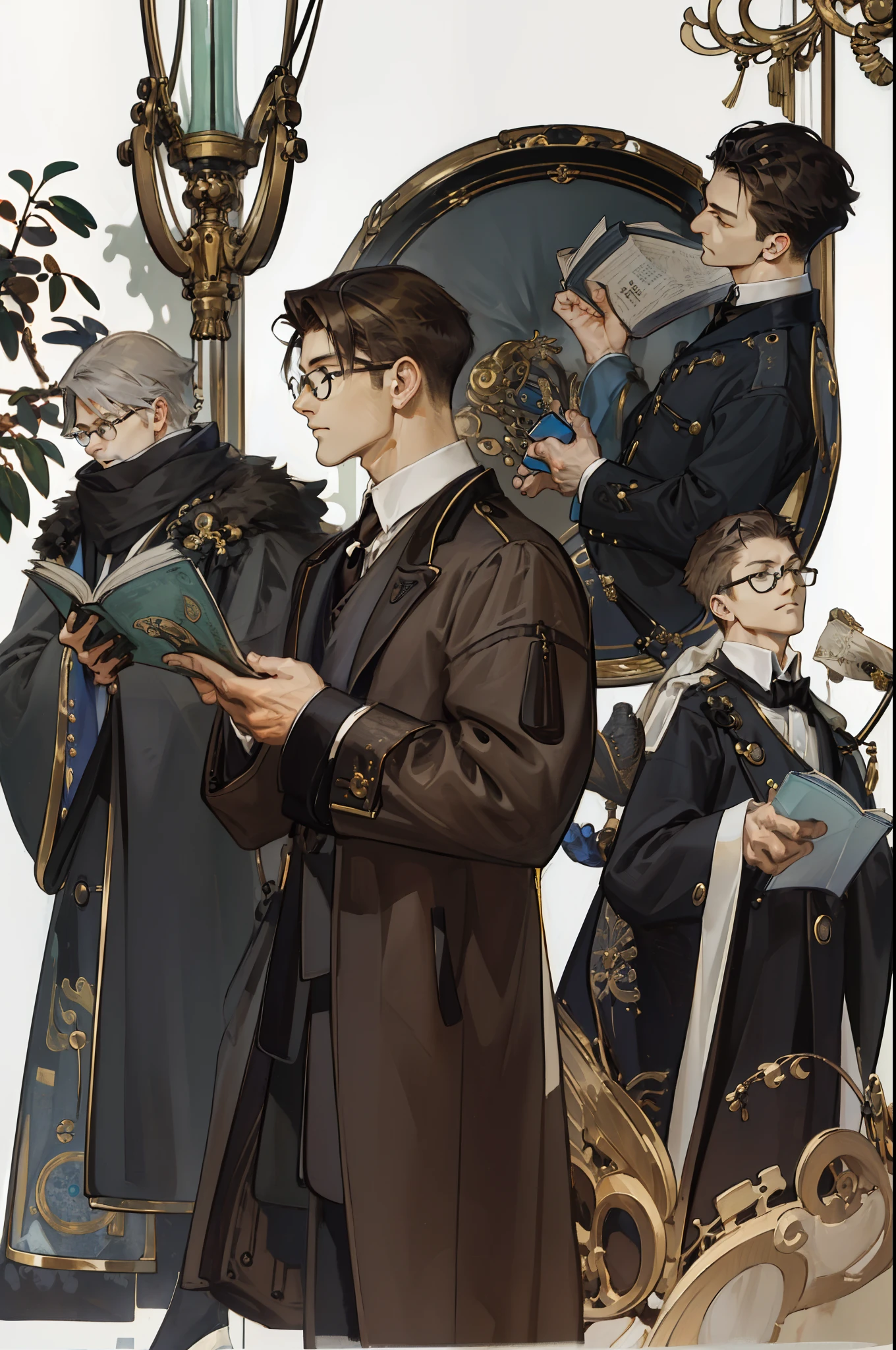 (((absurderes、hight resolution、Ultra-detail)))、(1male people、solo：１.9、Adults、Slender men、Wearing round lens glasses、)、Gentlemanly men、brown haired、Gray eyes、(shorth hair、dishevled hair、long limbodel body type)、tatteredclothing、（（（Large coat。）））long court。Classic fashion、Young adolescents、darkened room、Best light and shadow、oud、Fine dust、concentrating、Reading、depth of fields、extra detailed face、nerdy、cowboy  shot