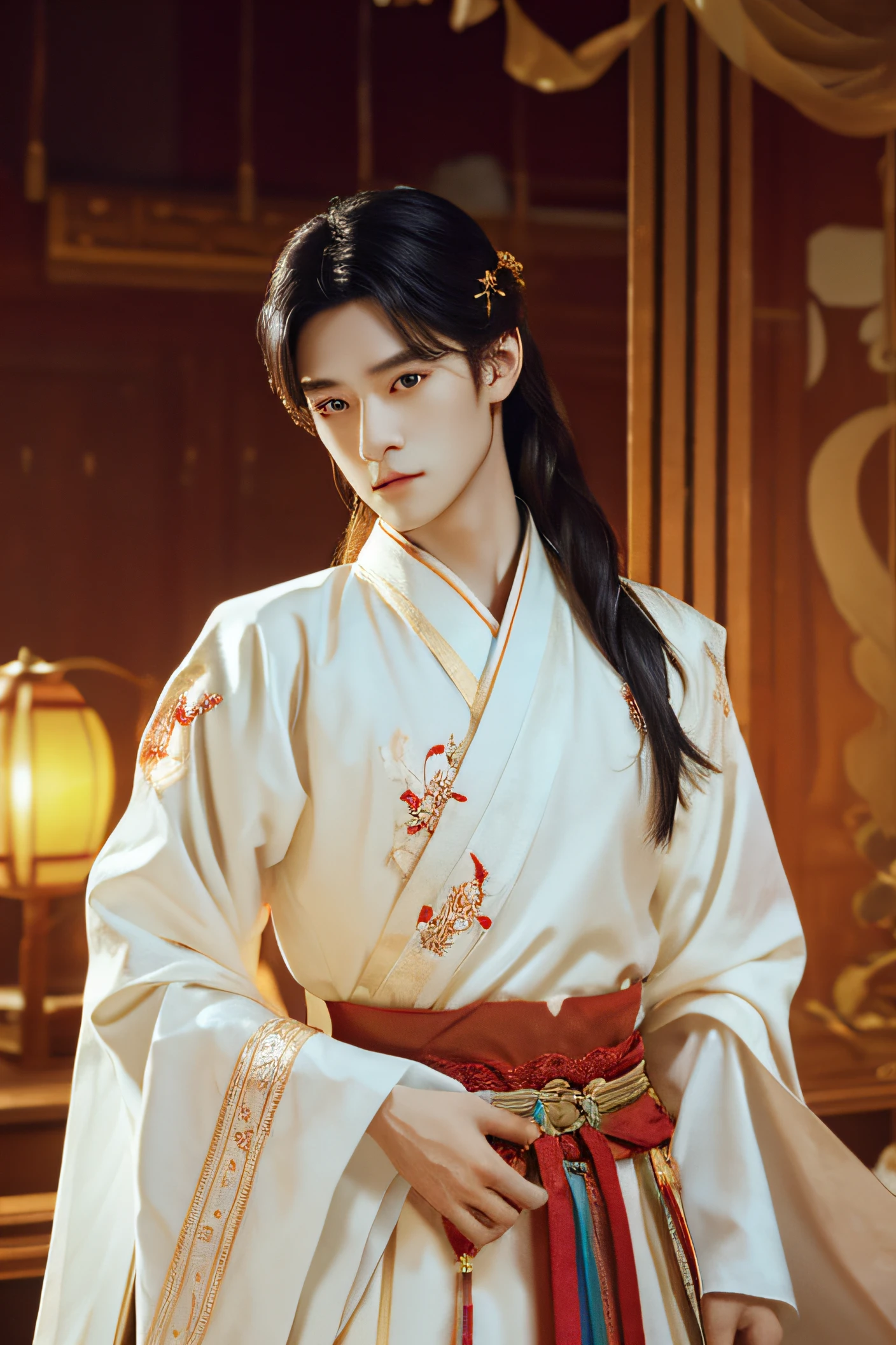Super handsome, masterpiece, High Resolution, best quality:1.2, high detail, 1 male, Solo, Stunning, bare upper body, long_hair, black hair, (Milky Skin: 1.3), Exquisite Details, High Resolution, Wallpaper, Ambient Occlusion, detailed face, black eyes, looking at the viewer, manly, Hair Accessories, Shut up, Accessories, Long Sleeves, Raised Hands, Wide Sleeves, Big Eyes, Flowing Hair, Hanfu, Embroidery, Long Dress, Natural Pose, Falling Petals, Indoor, Fanning, Lantern, 16K, HDR, High Resolution, Depth of field, (Film grain: 1.1), Bocon, Primetime, (lens flare), vignette, rainbow, (color grading: 1.5)