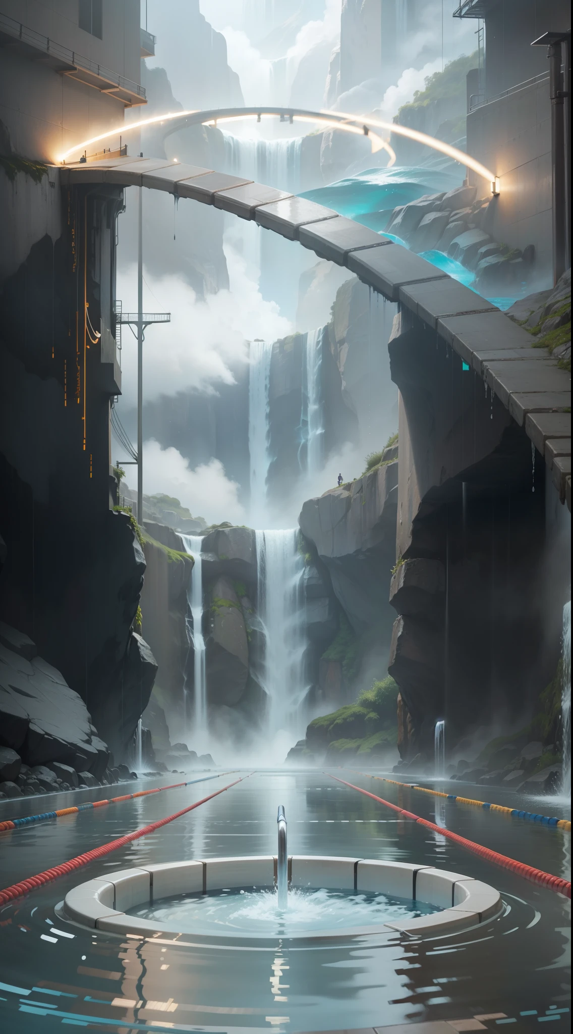 At the bottom is the swimming pool，Professional track，The background is a waterfall，water flowing，Splashing waves，Realisticstyle，Realiy，keyframe，An arrow in the air made of water，Strong sense of three-dimensionality，a sense of atmosphere，Strong sense of space