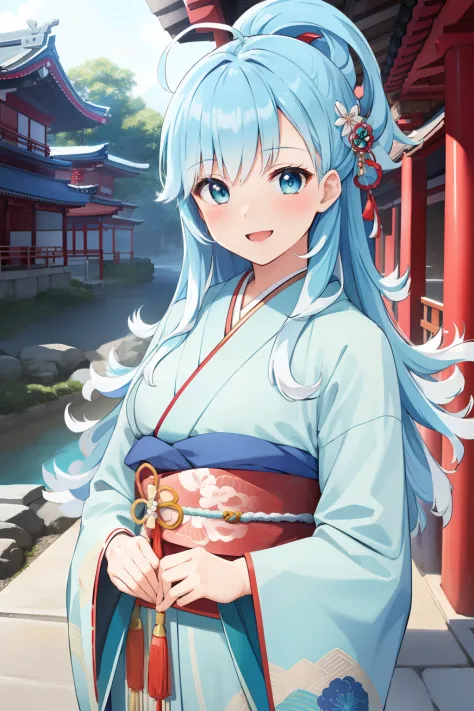 (masterpiece, best quality),  intricate details, ahoge
1girl,   Kobo, Multicolored hair, Aqua eyes,  light blue hair, white hair tips, 
small breasts, smiling, opened mouth, wear kimono, Japanese traditional clothes, temple background