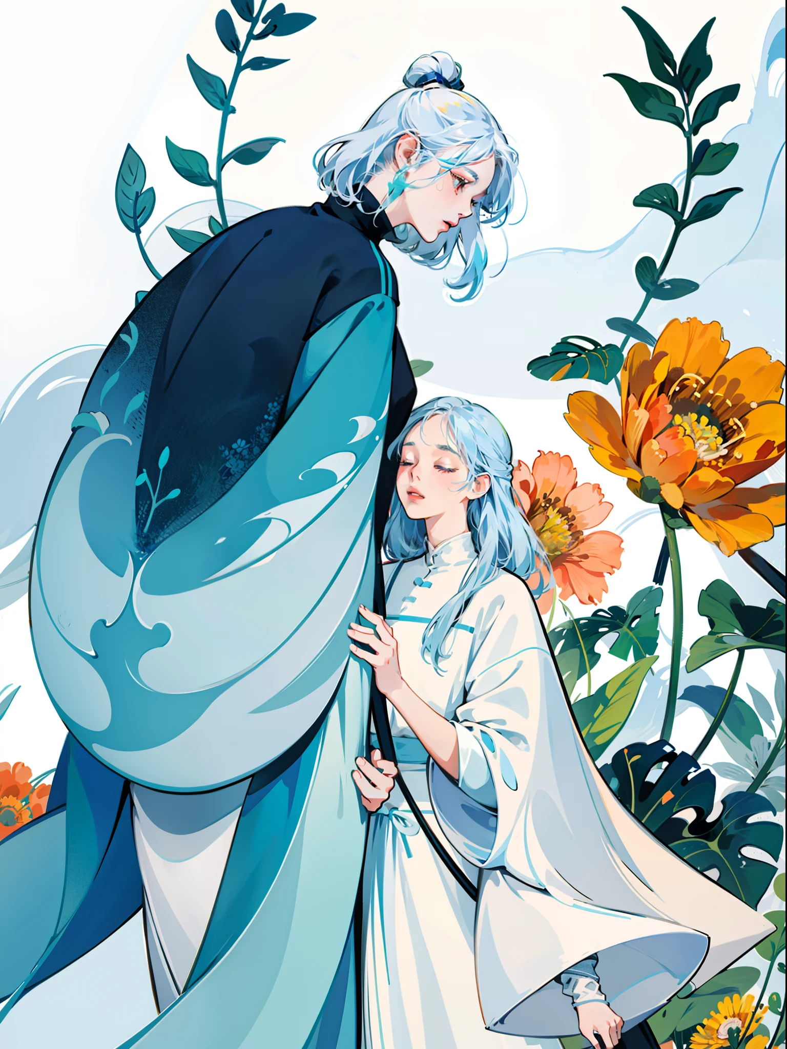 two girls praying, white and blue hair, close eyes, style of figurative minimalism, warm color palette, utilitarian, organic shapes and lines, illustration, danish design, facing front, bright light, bright color, realistic light and shadow, wild flowers background, flat illustrations --ar 9:16 --niji 5 -