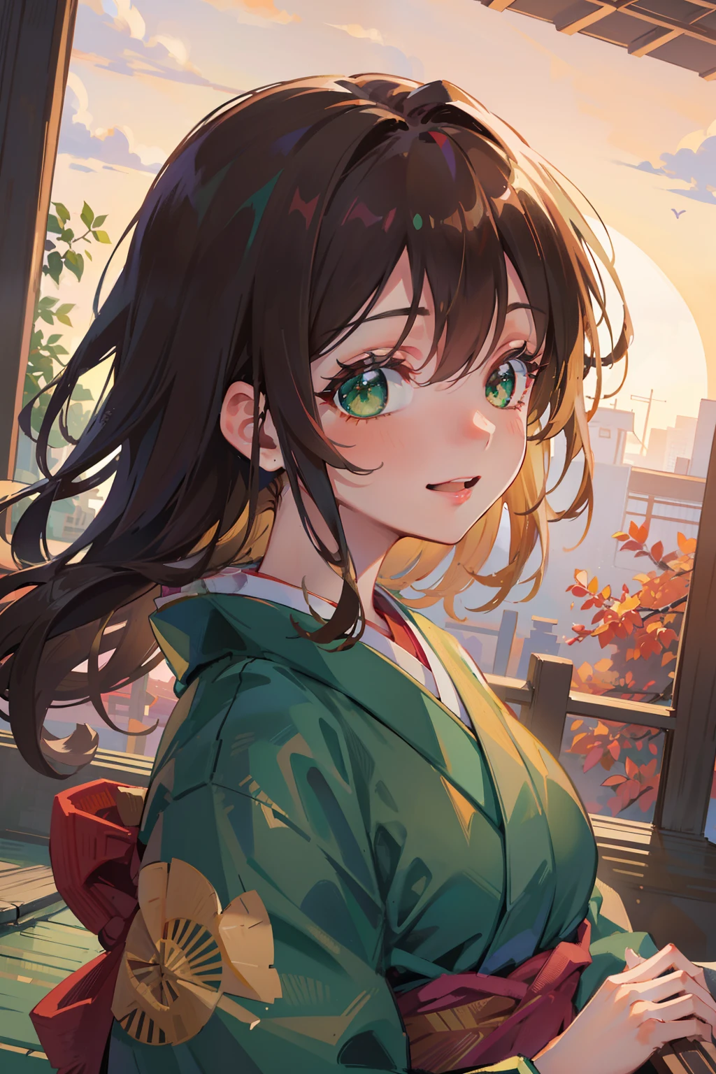 (masterpiece), best quality, beautiful detailed hair detailed face, ultra high res, sharp focus, ((1 woman, solo)), perfect feminine face, upper body, medium close-up, dutch angle, (at the evening time:1.5), in the japanese festival, ((beautiful shape eyes, green eyes)), chesnut brown hair, flowing long hair, smiles, (japanese colorful kimono:1.2)